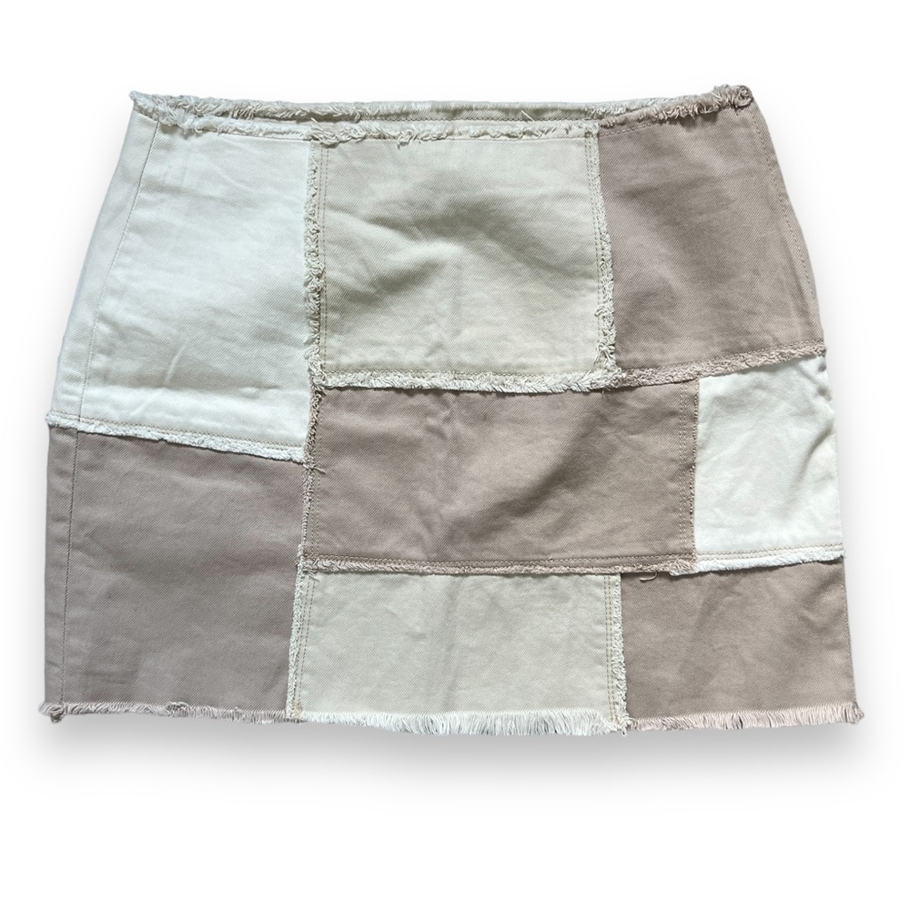 PacSun Brown Patchwork White and Tan Denim Mini Skirt, size 27